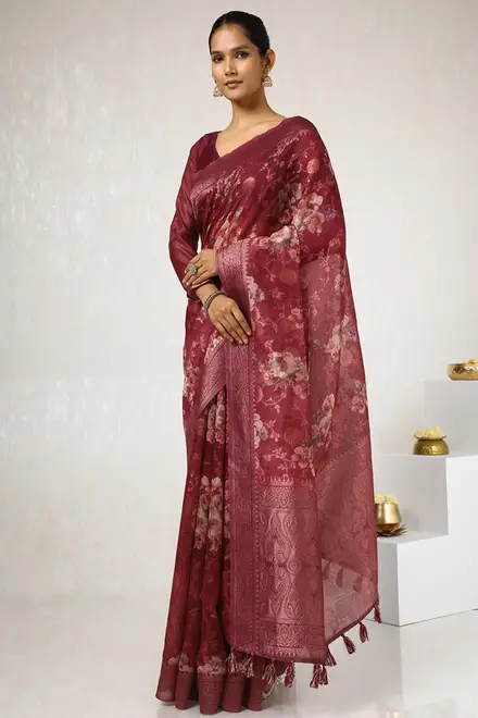 Wine Chanderi Woven Design Saree With Tassels